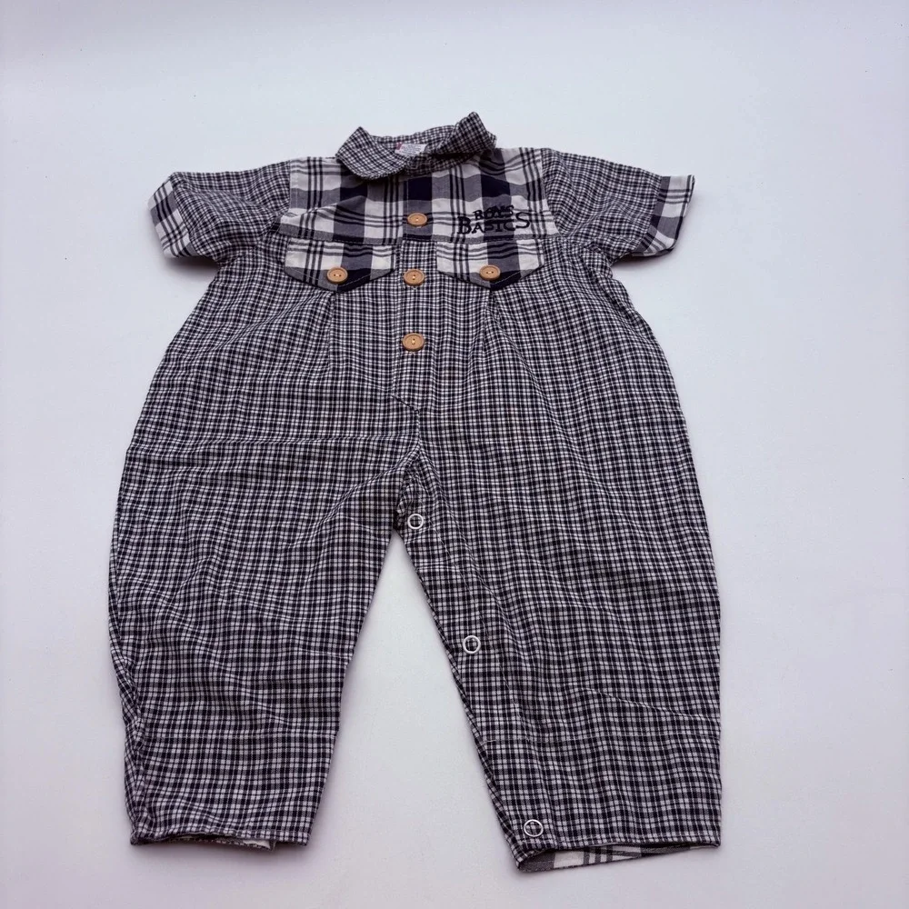 Boys Basics Coverall Boys 3-6 Months Blue Plaid Collared Button Woven One Piece